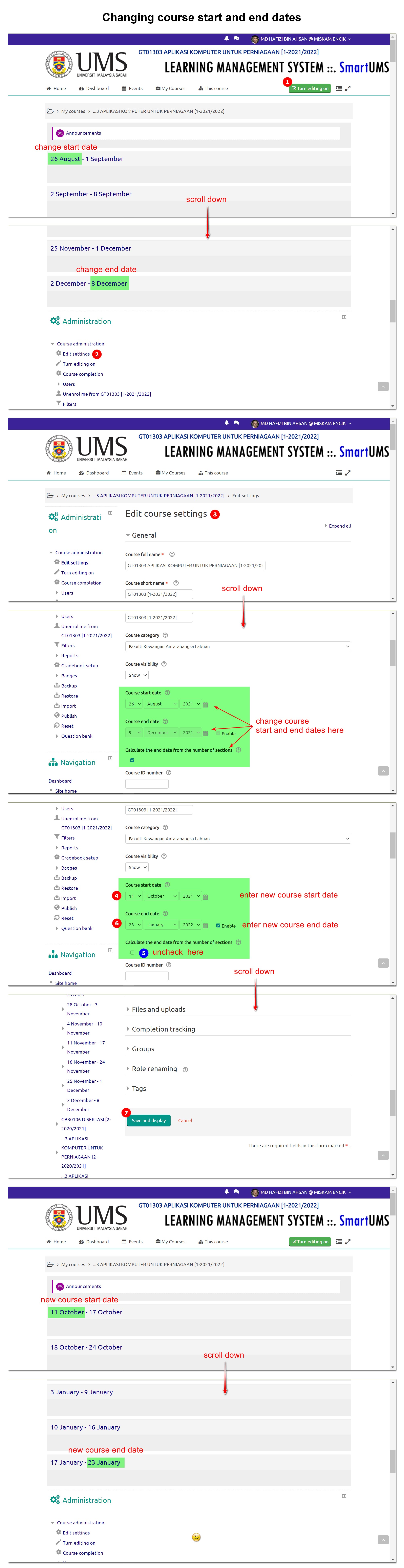 SmartUMS How to change course start and end dates